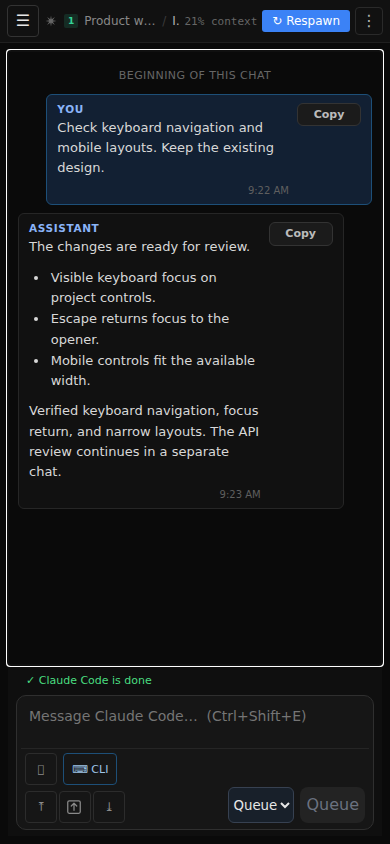 The same chat attached from a phone browser, with the mobile composer and Respawn control.