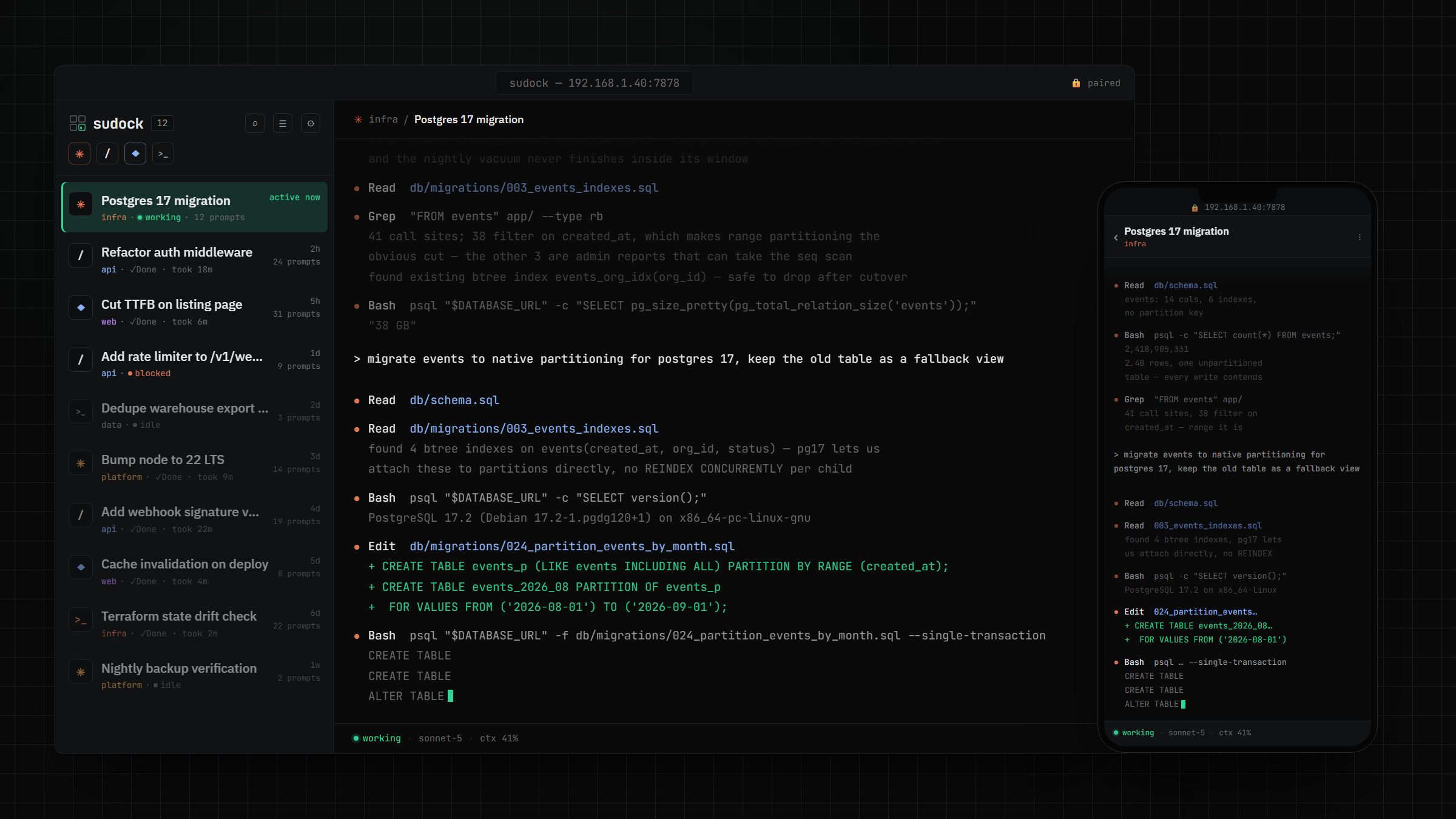 The sudock desktop UI showing a Claude Code session mid-task on a Postgres 17 migration — a sidebar of projects and agent tabs on the left with live working, blocked, and idle states, and the running terminal on the right — with the same live session open in a phone browser in front, showing identical scrollback and status.